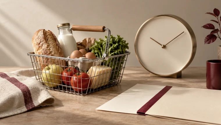 Cesta doméstica, reloj de esfera lisa y dos hojas que simbolizan comparar inflación entre periodos.