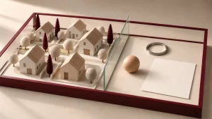 Barrio conceptual con planos de observación separados que ilustra reglas y datos diferenciados de vivienda.
