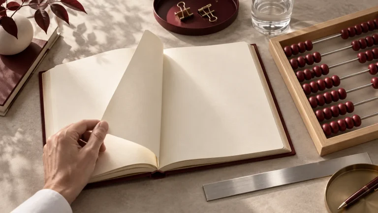 Libro de páginas en blanco y ábaco de cuentas burdeos que simbolizan la organización contable.