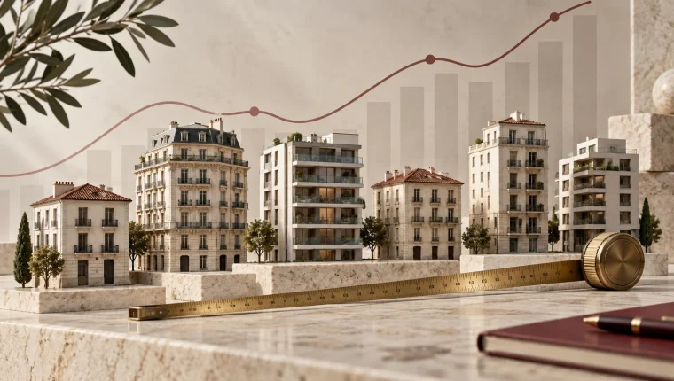 Maquetas de edificios residenciales, una cinta de medir y una curva conceptual sin valores numéricos.
