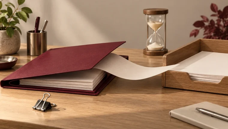 Carpeta, documentos en blanco y reloj de arena que simbolizan la preparación de una reanudación de subsidio.