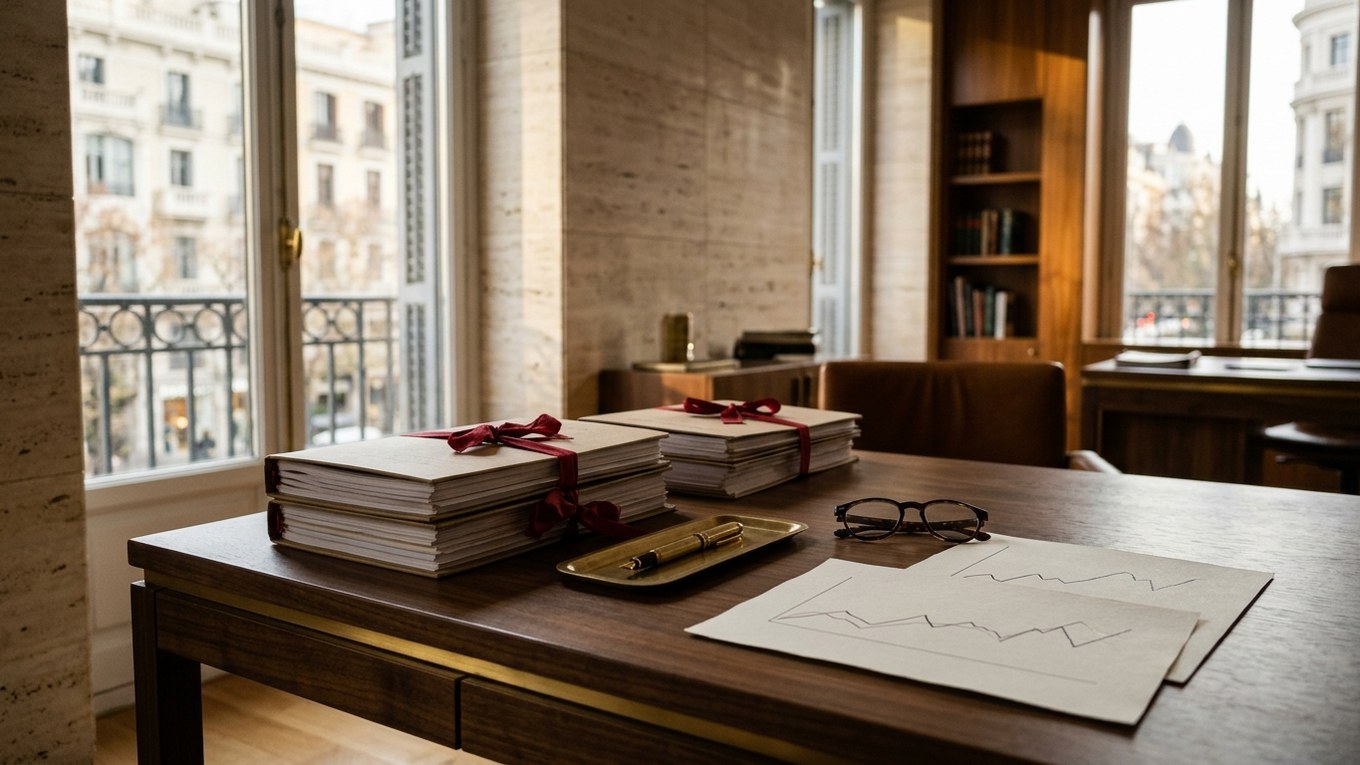 Mesa de trabajo jurídico y financiero con expedientes societarios y análisis de pérdidas bursátiles en Madrid