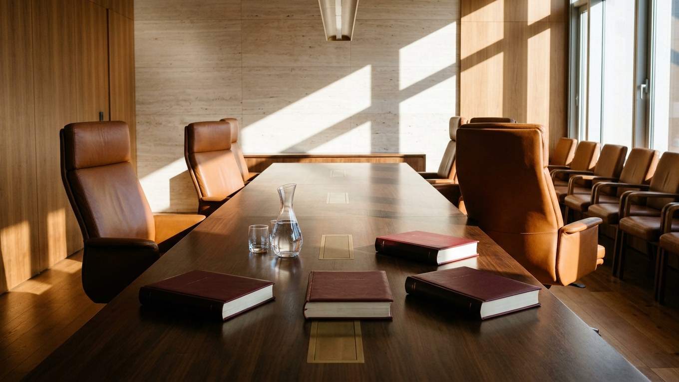 Sala de juntas de una empresa española con escrituras mercantiles y revisión de cuentas anuales sobre mesa de roble