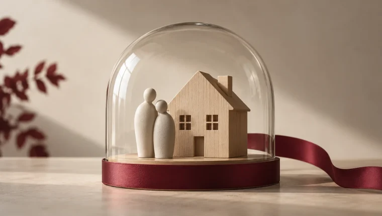 Casa conceptual bajo una cúpula de vidrio y figuras abstractas para representar protección aseguradora.