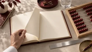 Libro de páginas en blanco y ábaco de cuentas burdeos que simbolizan la organización contable.