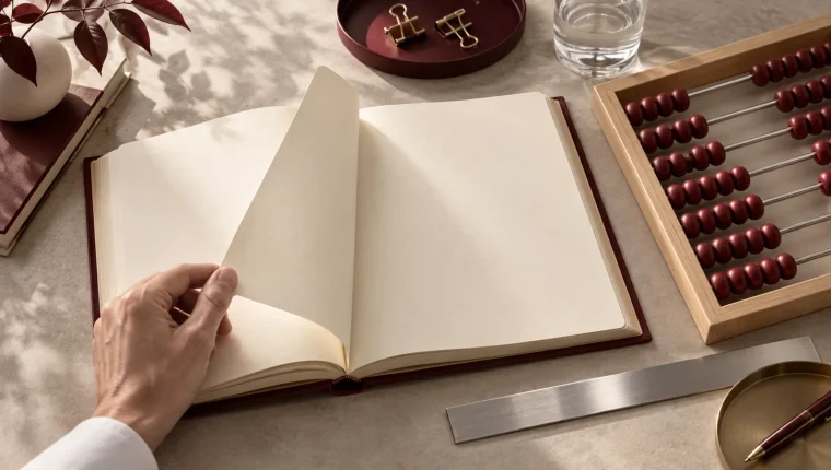 Libro de páginas en blanco y ábaco de cuentas burdeos que simbolizan la organización contable.