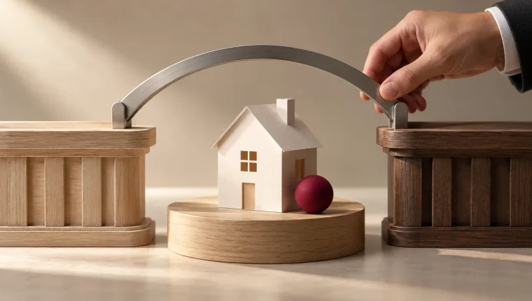 Casa conceptual entre dos plataformas conectables que representa el cambio de condiciones de una hipoteca.