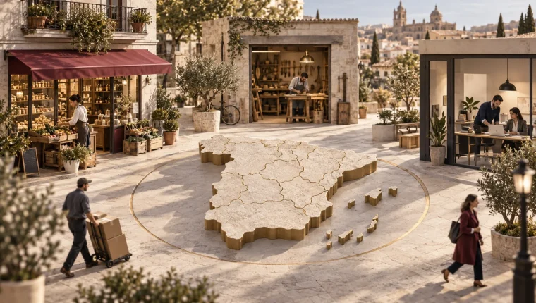 Pequeños comercios, taller y oficina alrededor de una representación conceptual del territorio español.