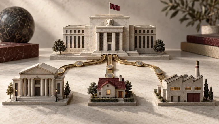 Maquetas de un banco central, un banco, una casa y una fábrica conectadas por caminos metálicos.