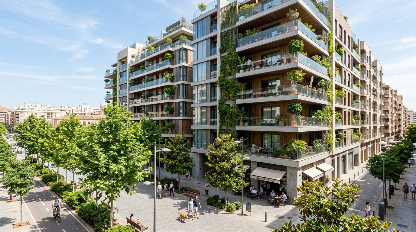Edificios residenciales de arquitectura contemporánea con terrazas y vegetación en España